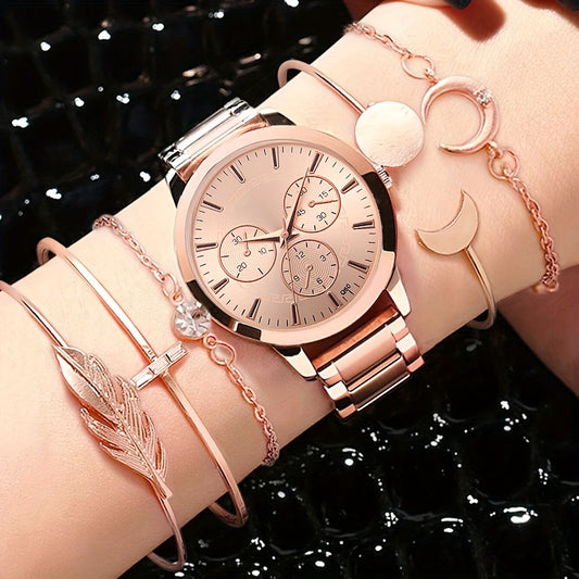 6pcs Luxury Fashion Versatile Classic Women'S Quartz Watch Set | Alloy Material, Non-rechargeable Button Battery
