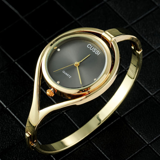 Elegant Women's Quartz Wristwatch with Hollow-Out Design, Round Alloy Case and Band, Bracelet